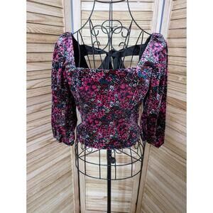 So Womens Velvet Cropped Top Size S Long Puff Sleeve Floral Fairy Gypsy Boho